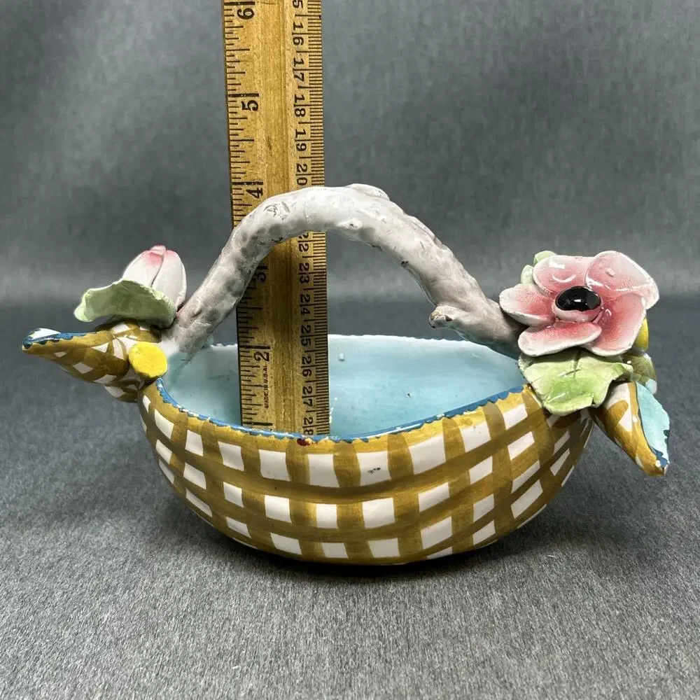 Vintage Italian Majolica Floral Bowl Hand Painted LE 472 Italy Twig Basket READ